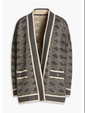 SANDRO NWT Enea Oversized Jacquard-Knit Cardigan in Charcoal and Cream Size 0 XS